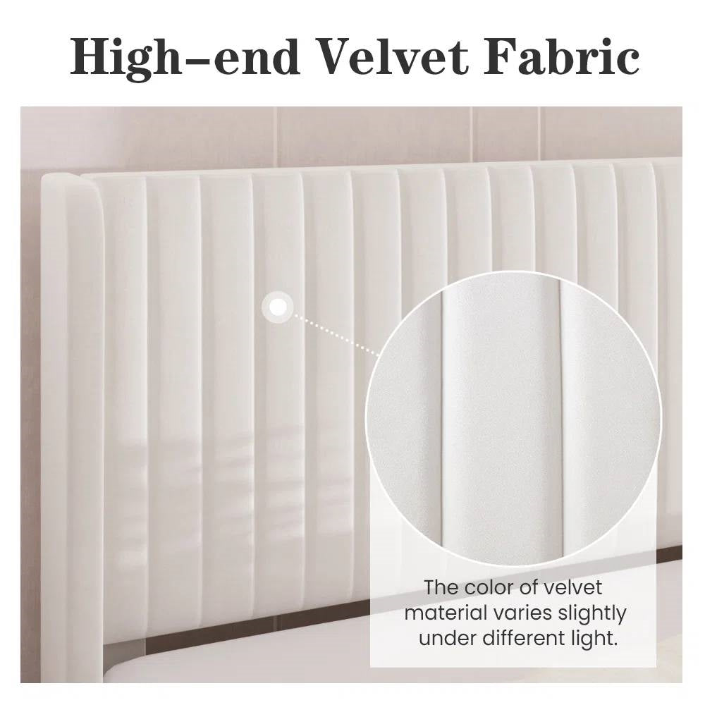 Full size White Velvet Upholstered Platform Bed Frame with Wingback Headboard