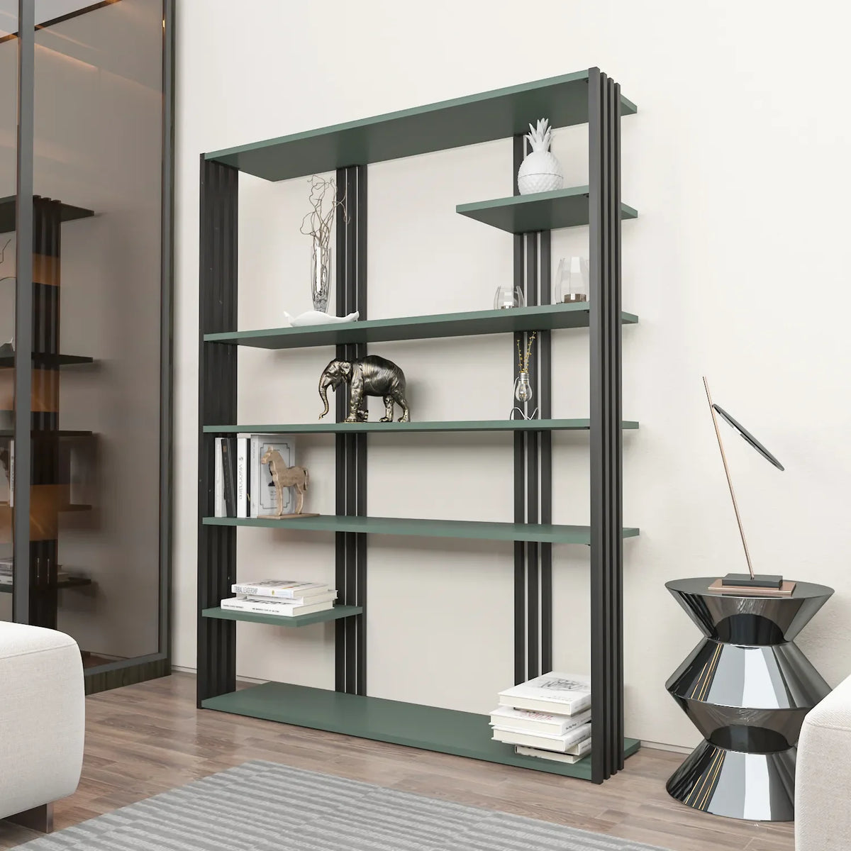 Jeni 63" Tall Metal Wood Bookcase | Bookshelf | Display Unit