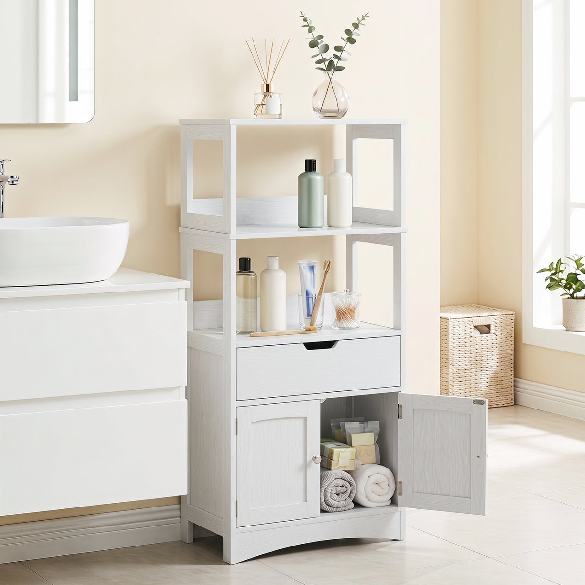 Bathroom Floor Cabinet with Open Shelves and Drawer