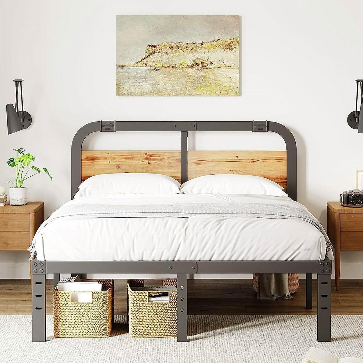 King Heavy Duty Black Metal Bed Frame with Solid Wood Panel Headboard