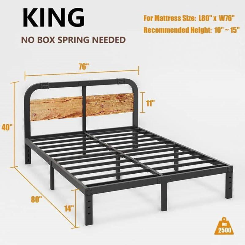 King Heavy Duty Black Metal Bed Frame with Solid Wood Panel Headboard