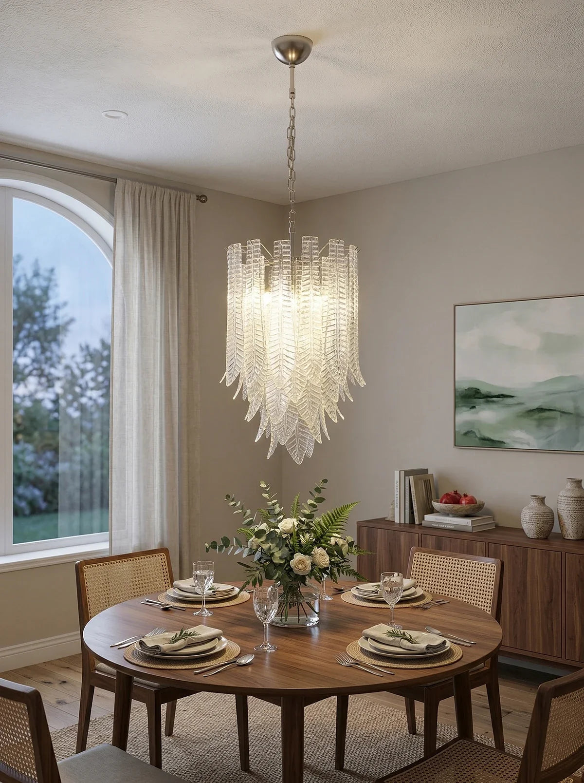 Leaf-Textured Layered Glass Chandelier