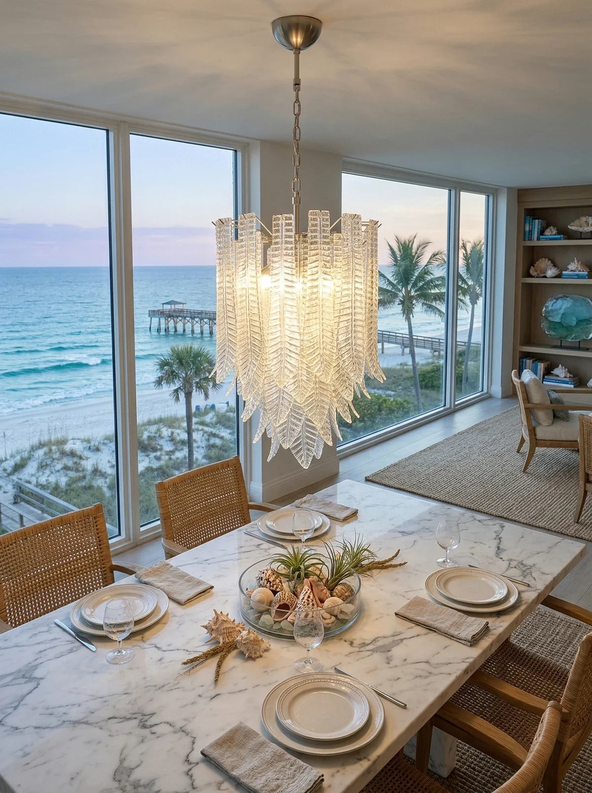 Leaf-Textured Layered Glass Chandelier