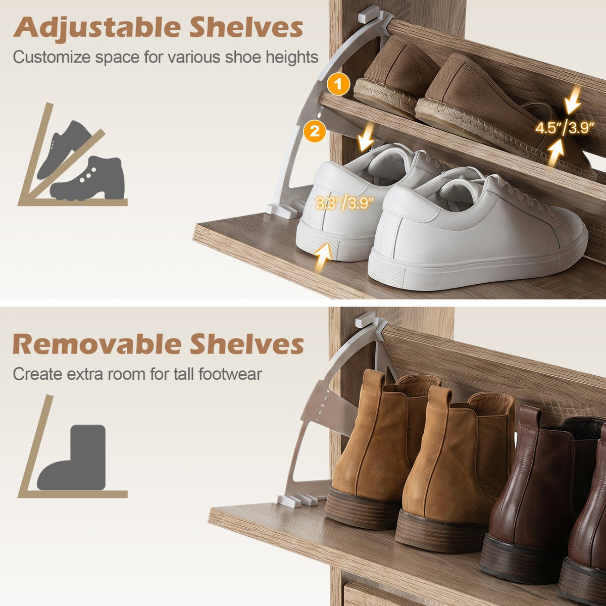 Narrow Shoe Storage Cabinet with Flip Drawers & Shelves