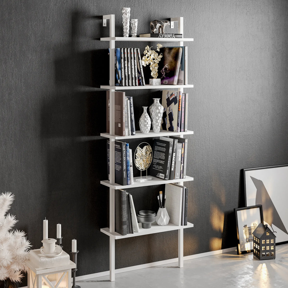 Piante 68 inches Tall Metal Manufactured Wood Accent Ladder Bookcase