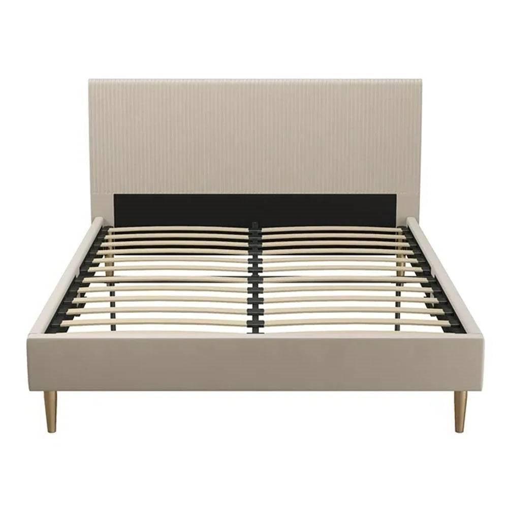 Queen Mid-Century Ivory Cream Velvet Upholstered Platform Bed with Headboard