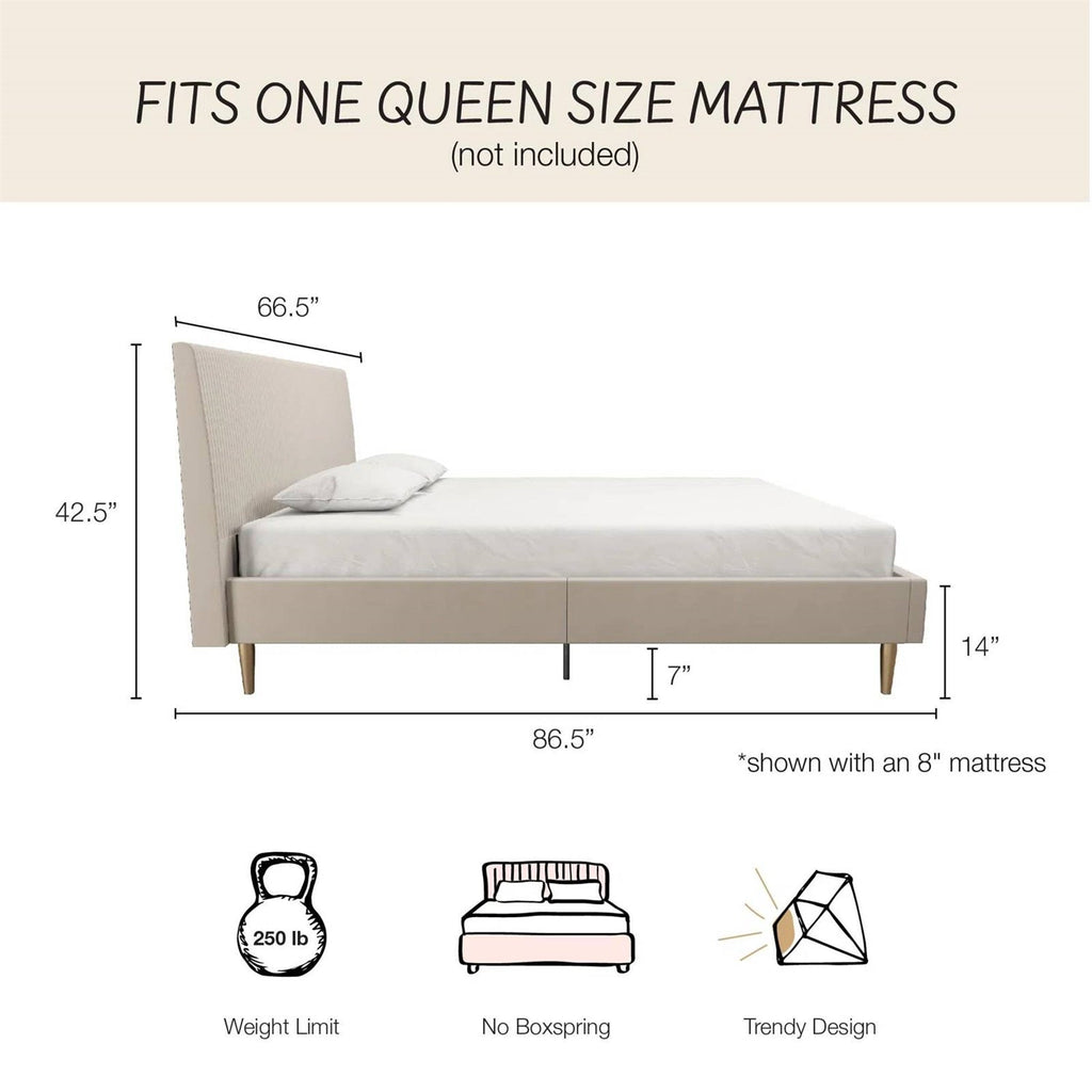 Queen Mid-Century Ivory Cream Velvet Upholstered Platform Bed with Headboard