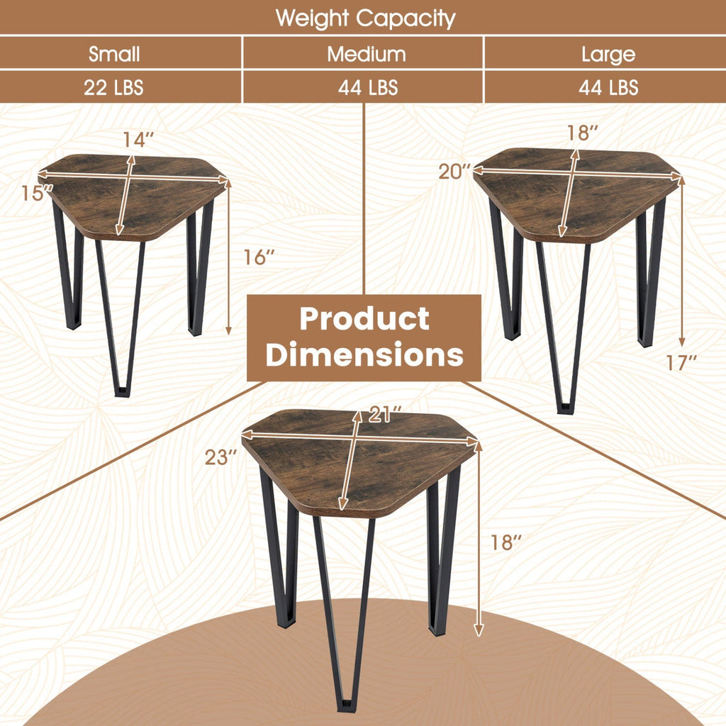 Nesting Coffee Tables Set of 3 with Metal Frame - Rustic Brown