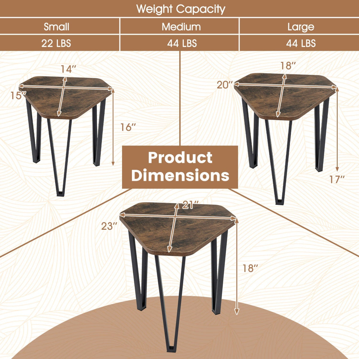 Nesting Coffee Tables Set of 3 with Metal Frame - Rustic Brown