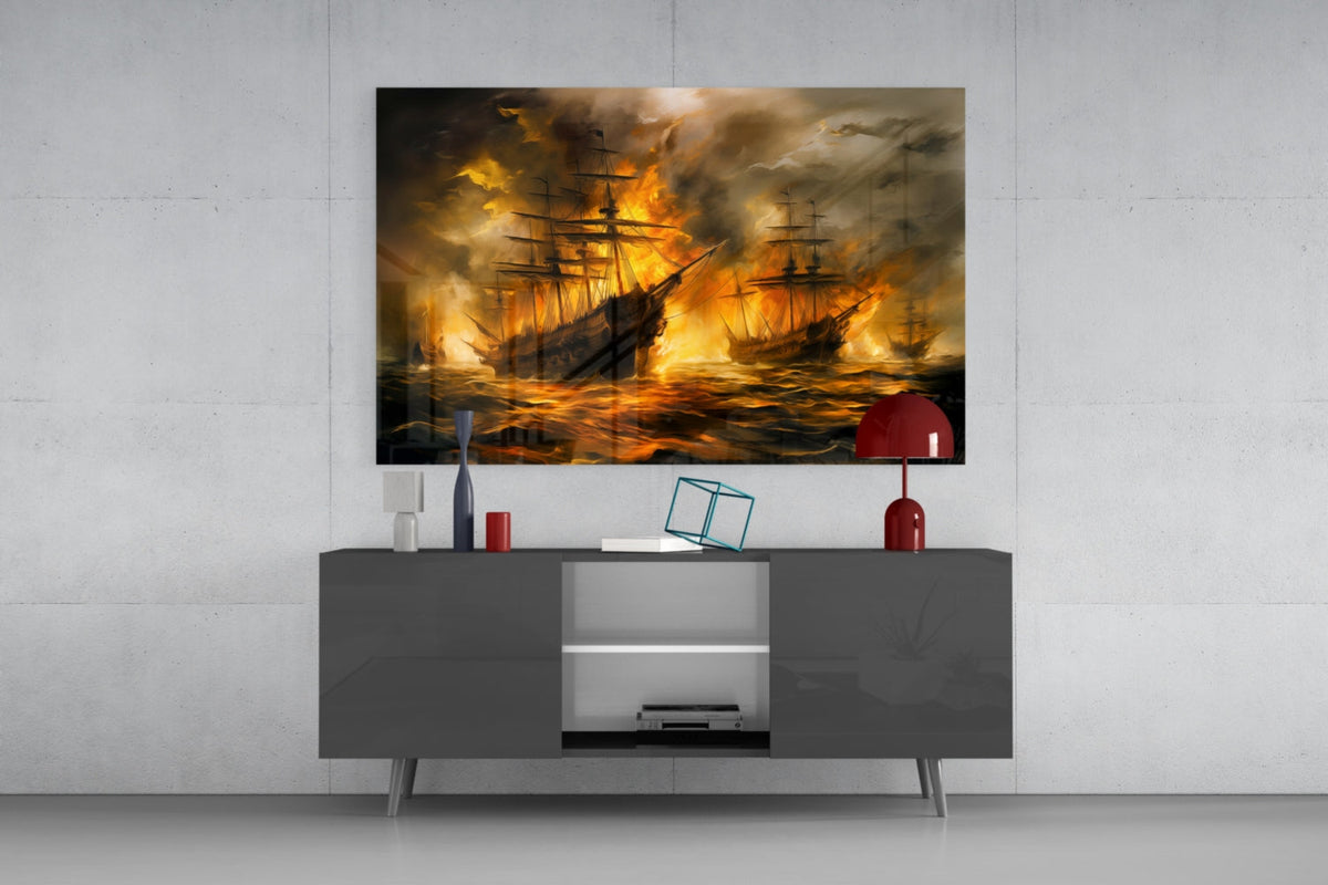Navy in Flames Glass Wall Art || Designer Collection