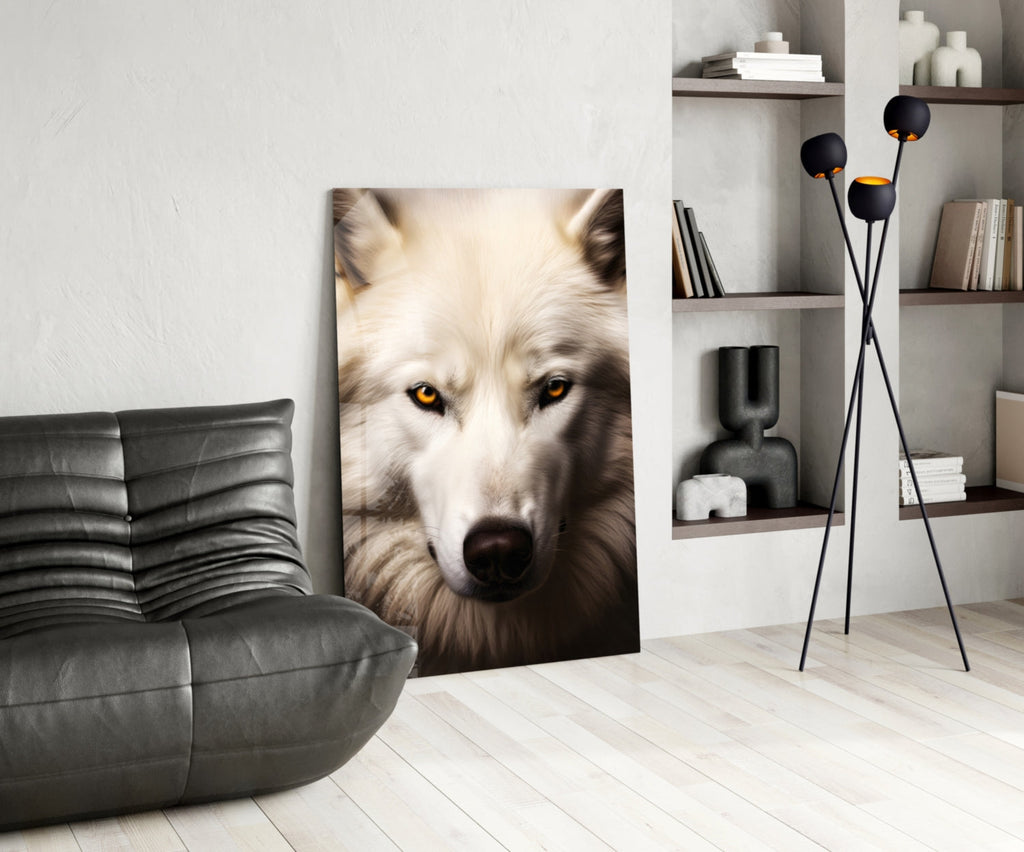 The White Wolf's Gaze Glass Wall Art || Designer Collection