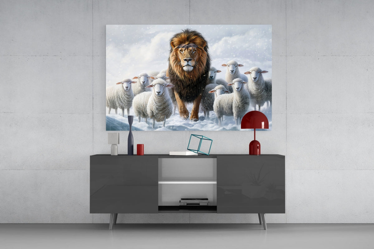 The Lion and the Lambs: Snowy Kingdom Glass Wall Art || Designer Collection