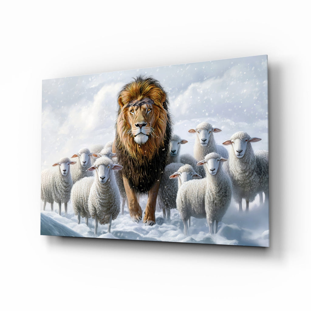 The Lion and the Lambs: Snowy Kingdom Glass Wall Art || Designer Collection
