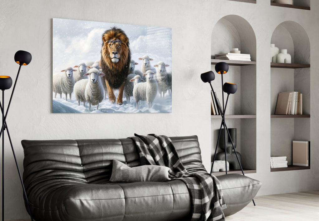 The Lion and the Lambs: Snowy Kingdom Glass Wall Art || Designer Collection
