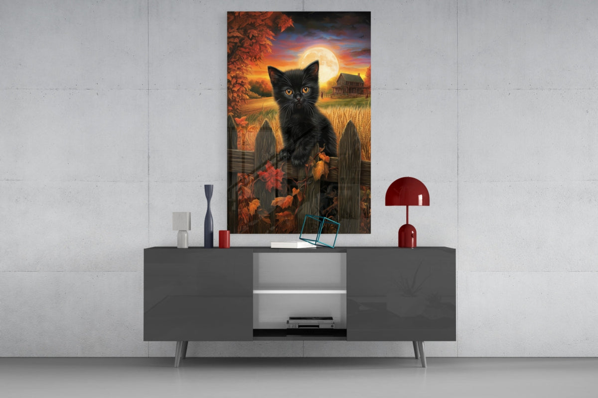 Autumn Cat Glass Wall Art || Designer Collection