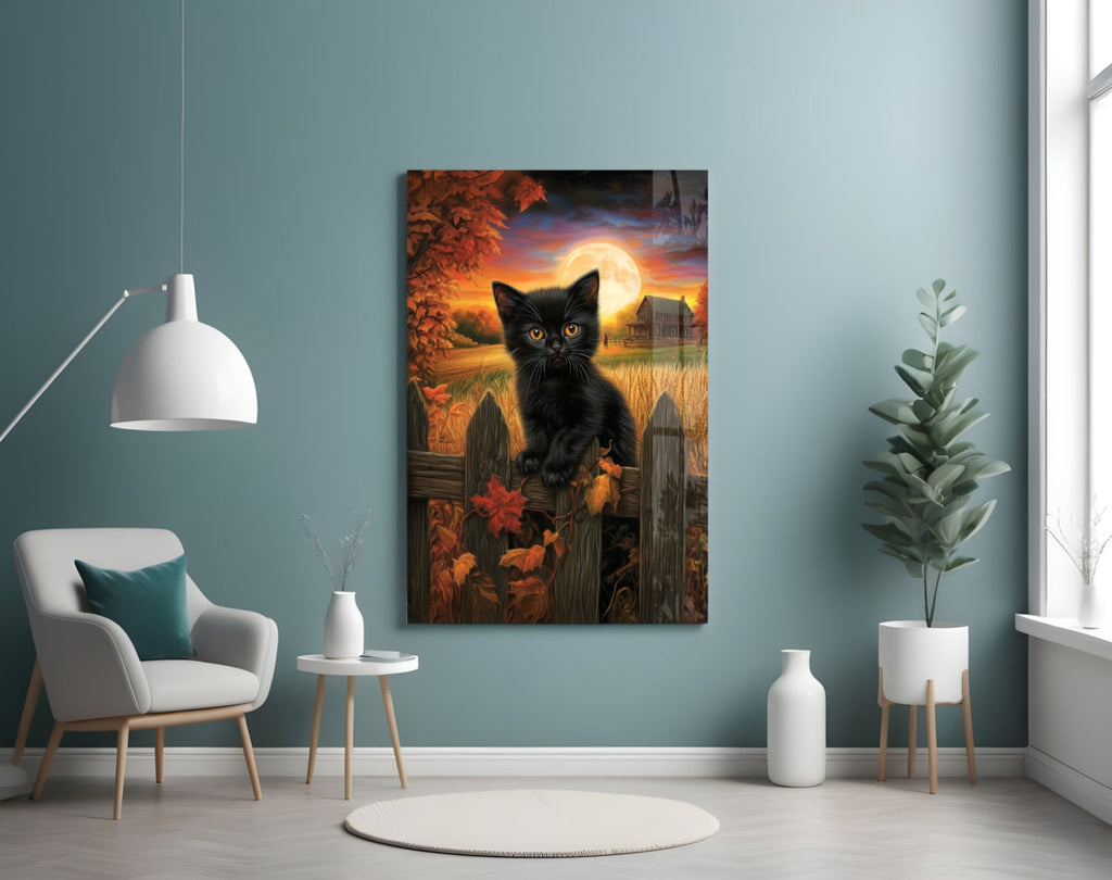 Autumn Cat Glass Wall Art || Designer Collection