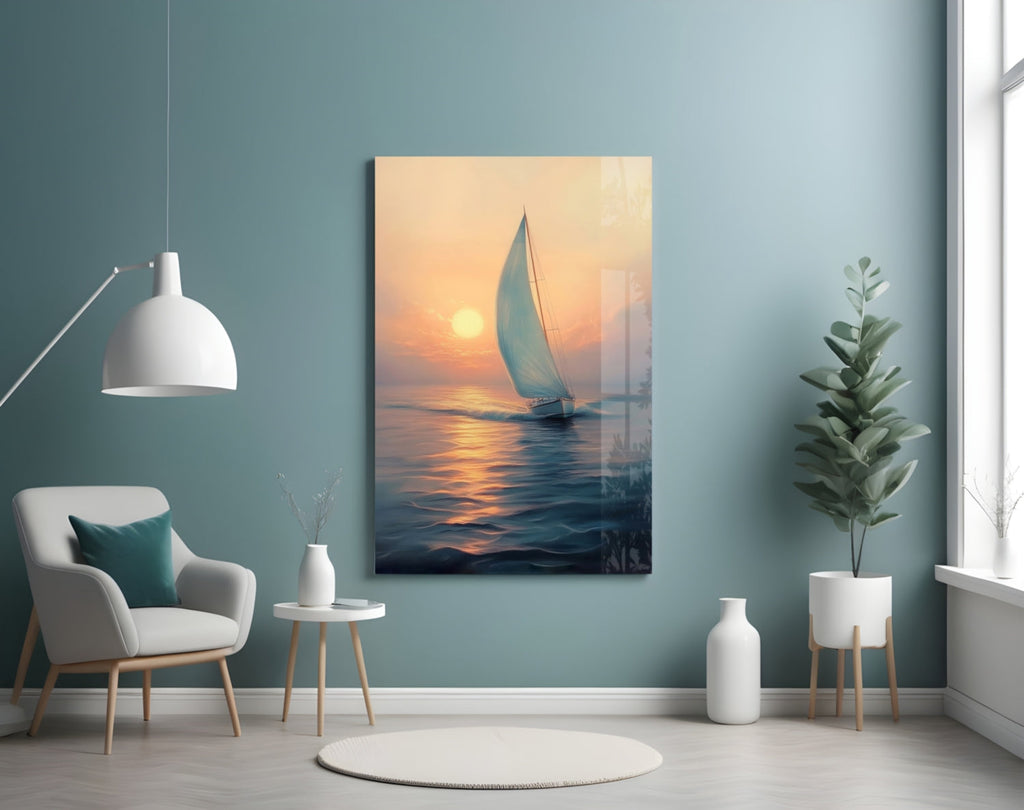 Sunset Sailboat Glass Wall Art || Designer Collection