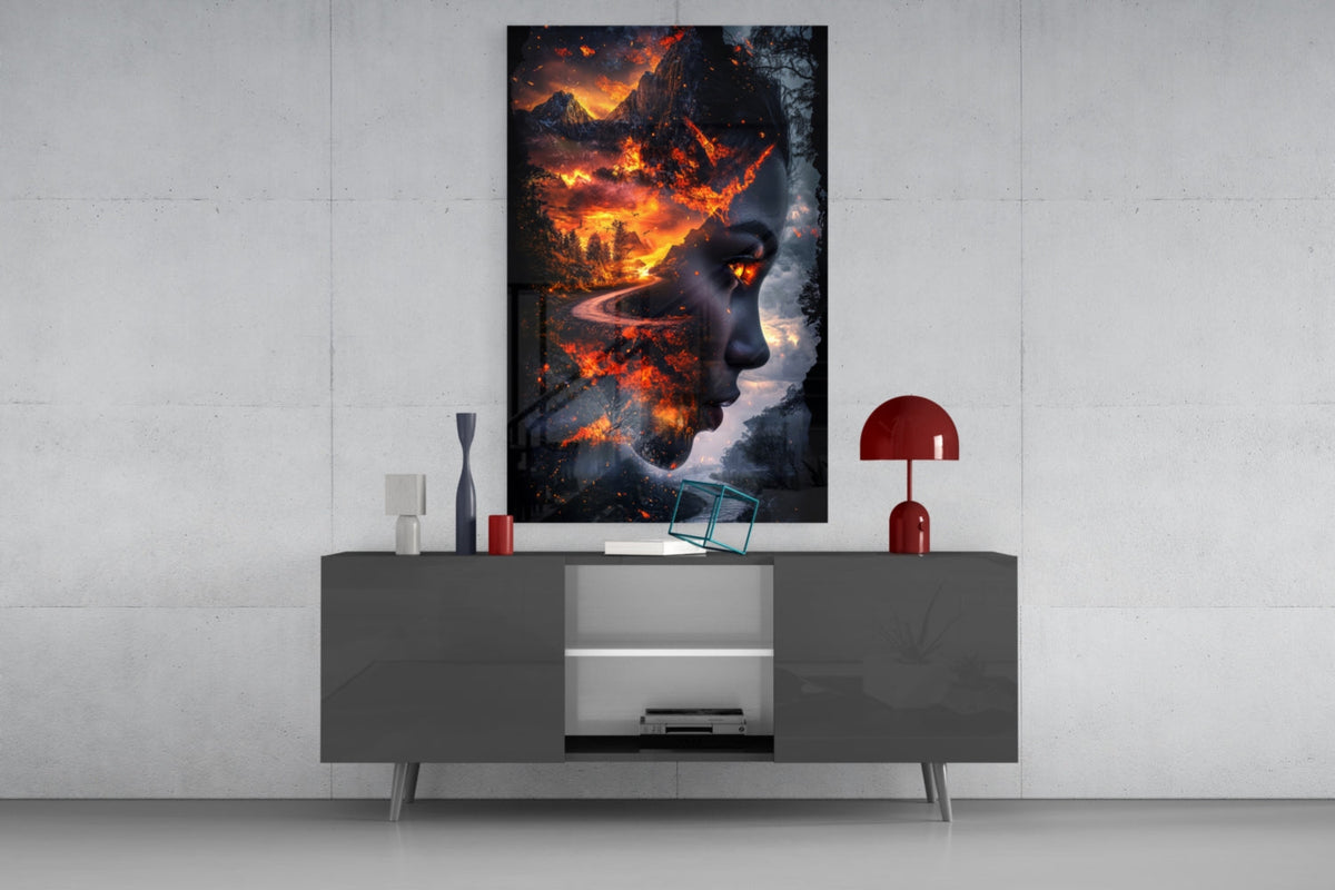 Fiery Valley Double Exposure Face Glass Wall Art