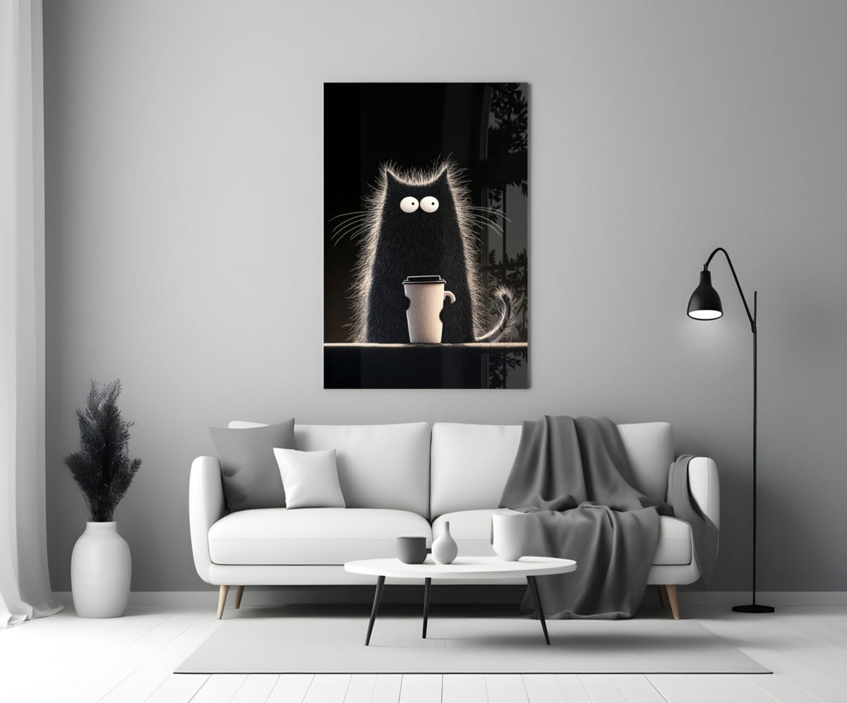 Coffee Lover Cat Glass Wall Art || Designer Collection