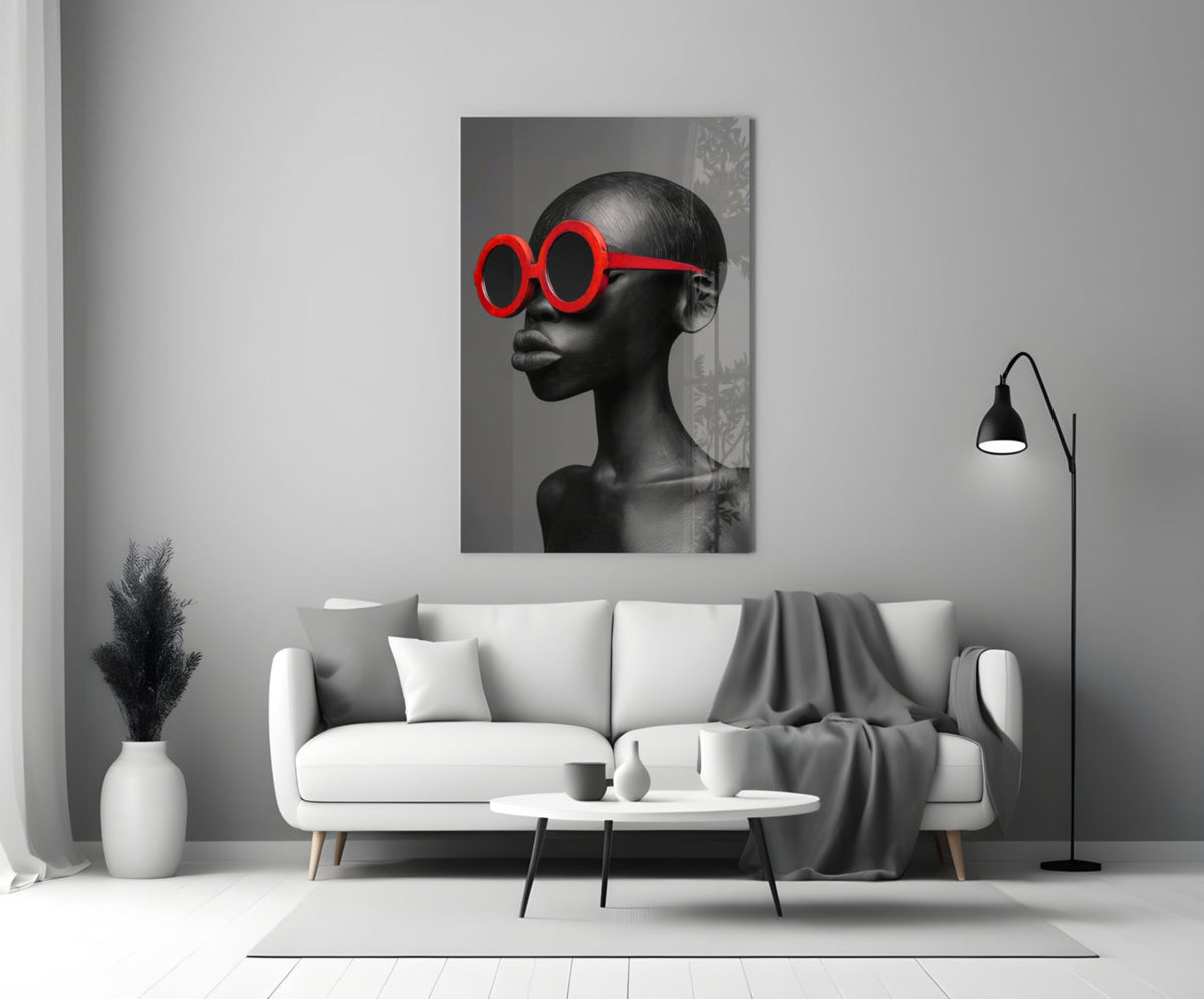 Red Round Sunglasses Gray Portrait Glass Wall Art