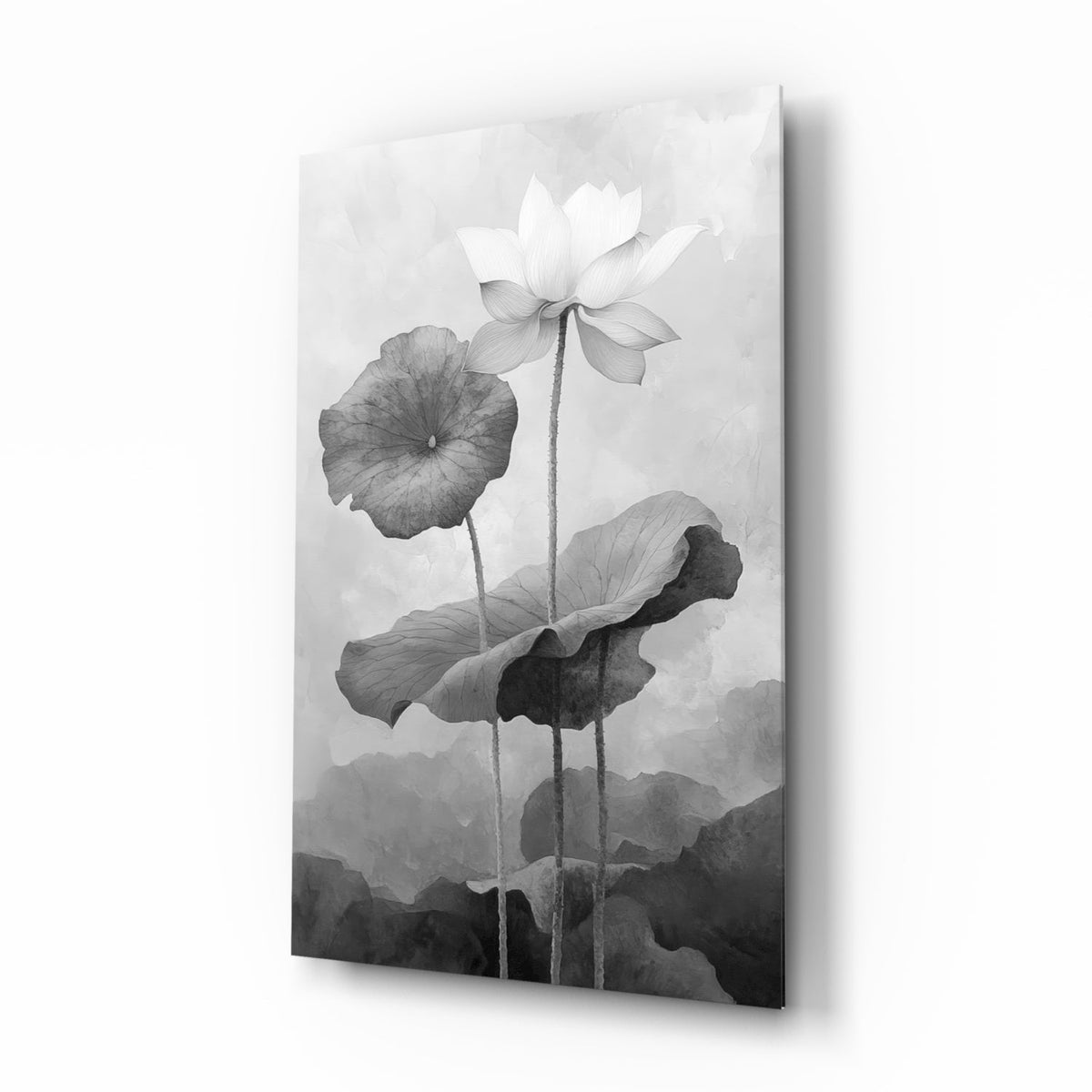Black and White Water Lily Glass Wall Art || Designer Collection