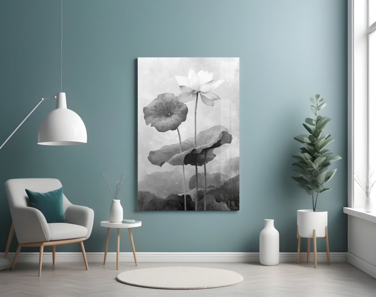 Black and White Water Lily Glass Wall Art || Designer Collection
