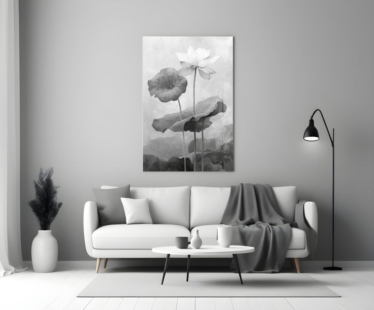 Black and White Water Lily Glass Wall Art || Designer Collection