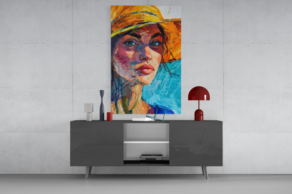 Woman in Orange Hat Glass Wall Art || Designer Collection