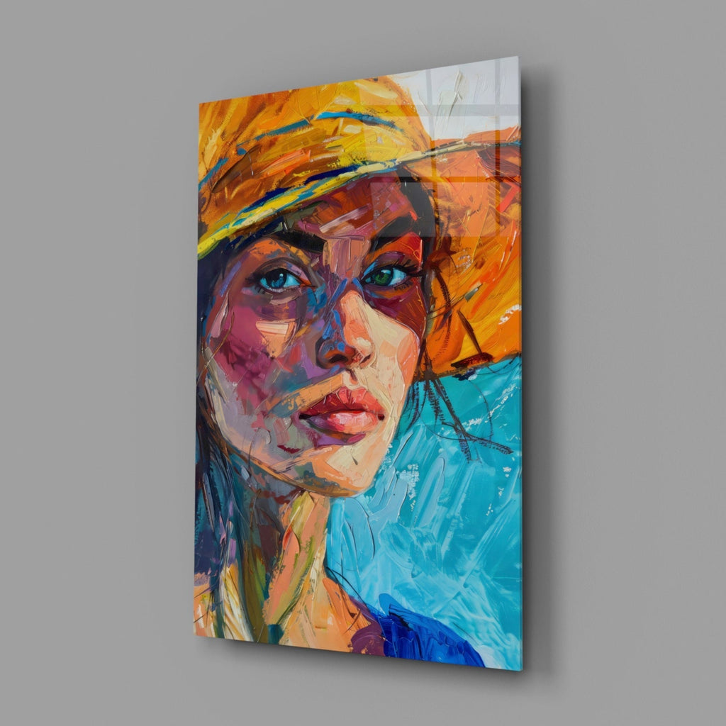 Woman in Orange Hat Glass Wall Art || Designer Collection