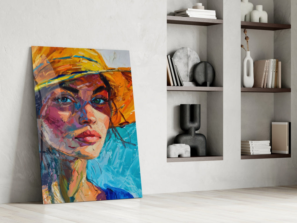 Woman in Orange Hat Glass Wall Art || Designer Collection