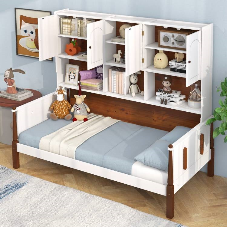 Twin size Vintage White Walnut Daybed with Bookcase Storage Cabinet Headboard
