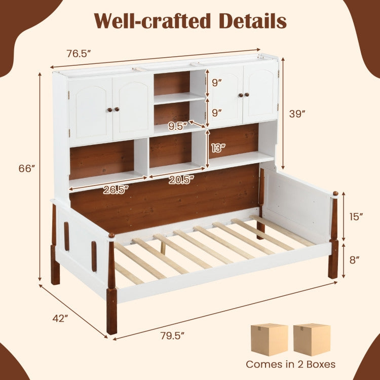 Twin size Vintage White Walnut Daybed with Bookcase Storage Cabinet Headboard