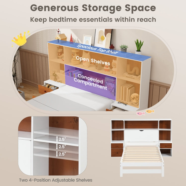 Twin Bed Frame with White Walnut Bookcase Storage Headboard and 2 Nightstands