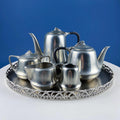 Vintage 6 Piece Pewter Coffee & Tea Serving Set with Filigree Tray. Metawa, Holland. Mid Century Modern Early Art Deco. Rattan Bamboo Handle