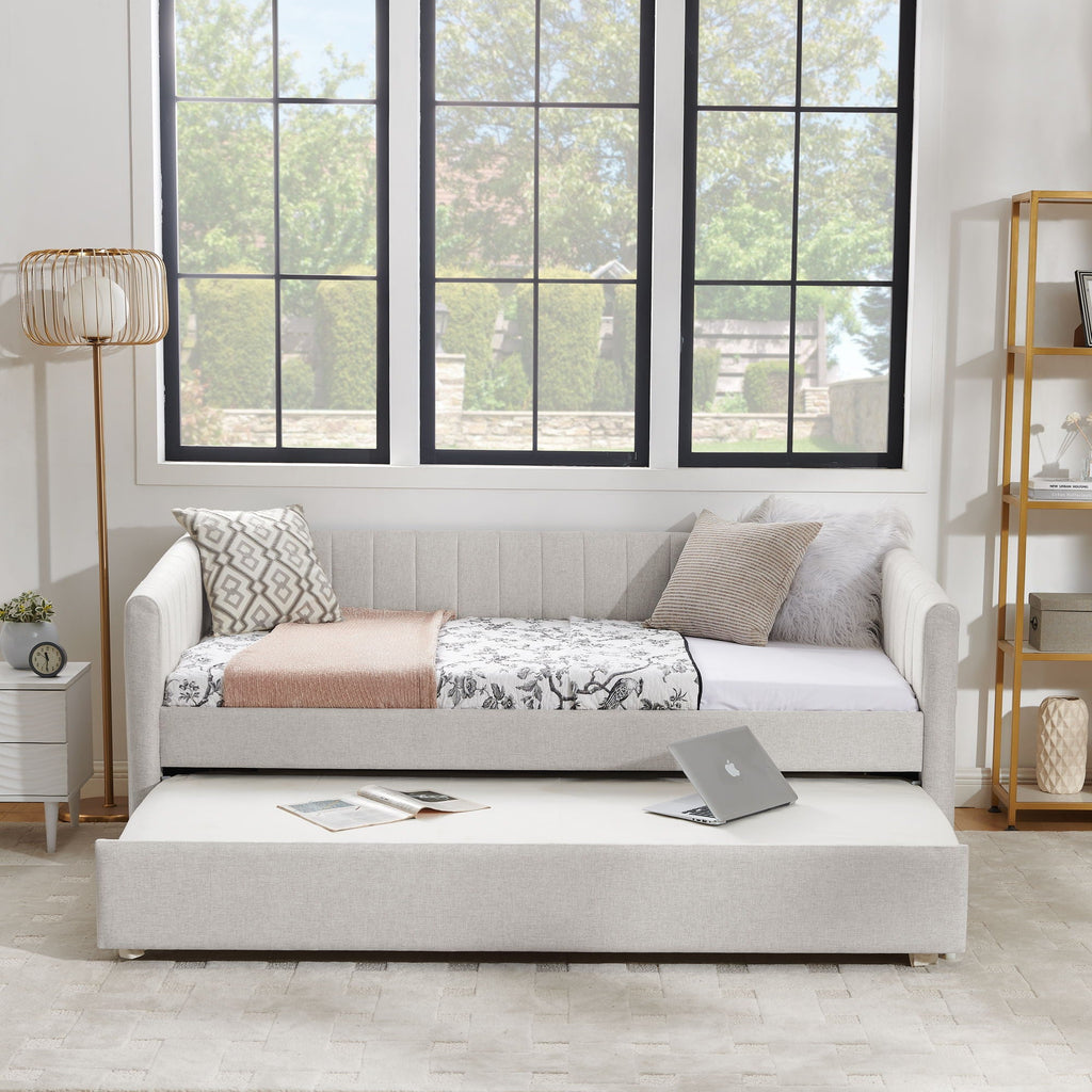 Upholstered Daybed With Trundle With Vertical Stripes