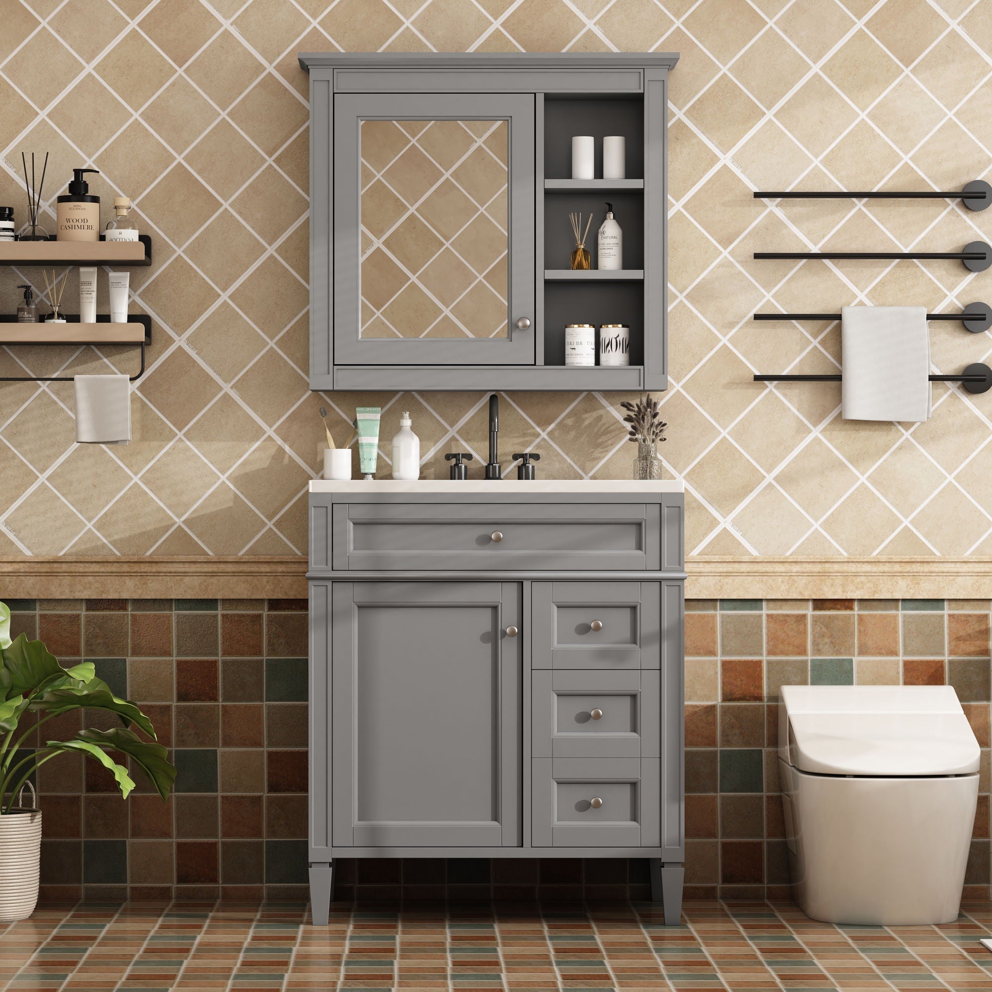 Bathroom Vanity With Top Sink, Freestanding Storage Cabinet With 2 Doors And 3 Drawers, Mirror Cabinet Included - Gray