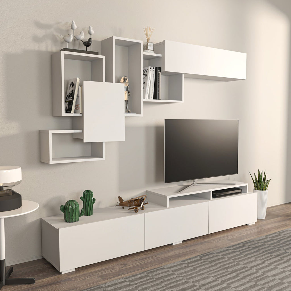 Amor TV Stand Entertainment Center  with Wall Shelf and Cubbies for up to 85'' TVs