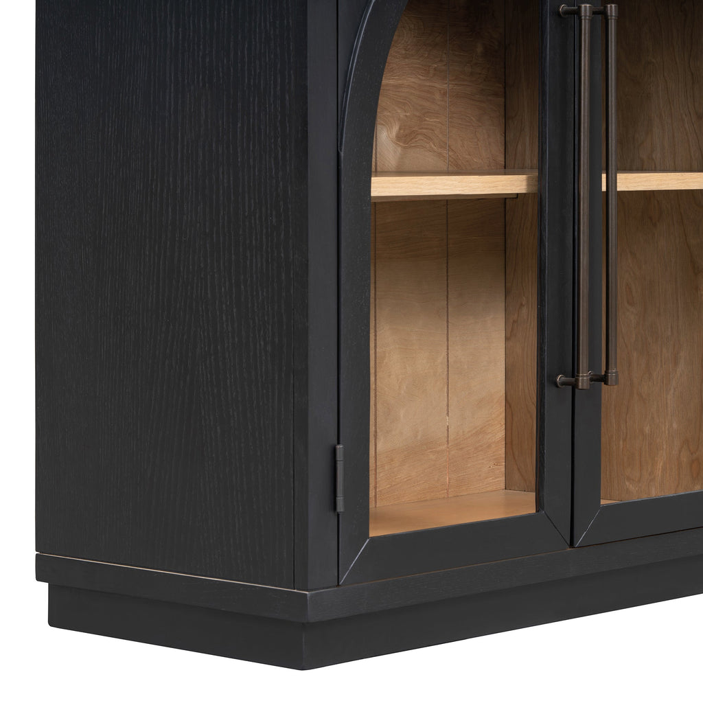 4-Door Large Storage Sideboard Buffet Cabinet with Glass Doors Arched Cabinet (Black)