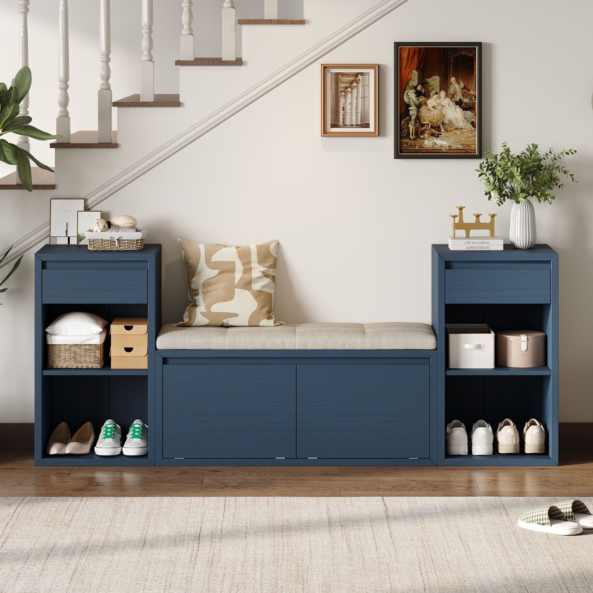 Entryway Storage Bench With Cushion, Drawers & Open Shelves