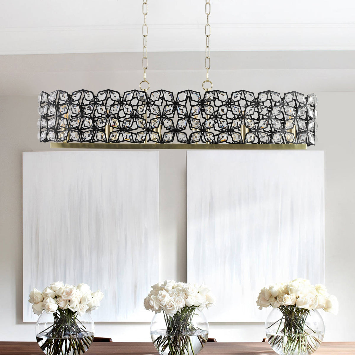 39" Contemporary Crystal and Black-Gold Pendant Chandelier