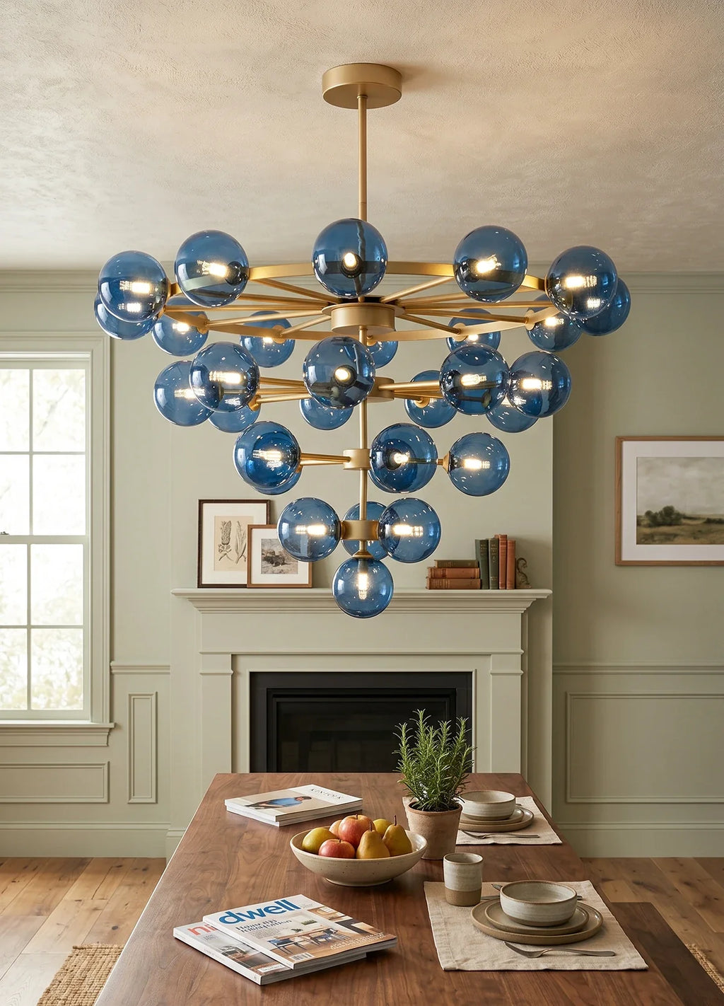 Blue Glass Bubble Globe Tiered Chandelier