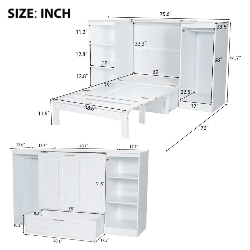 Twin Size Murphy Bed With Bedside Shelves And Wardrobe - White