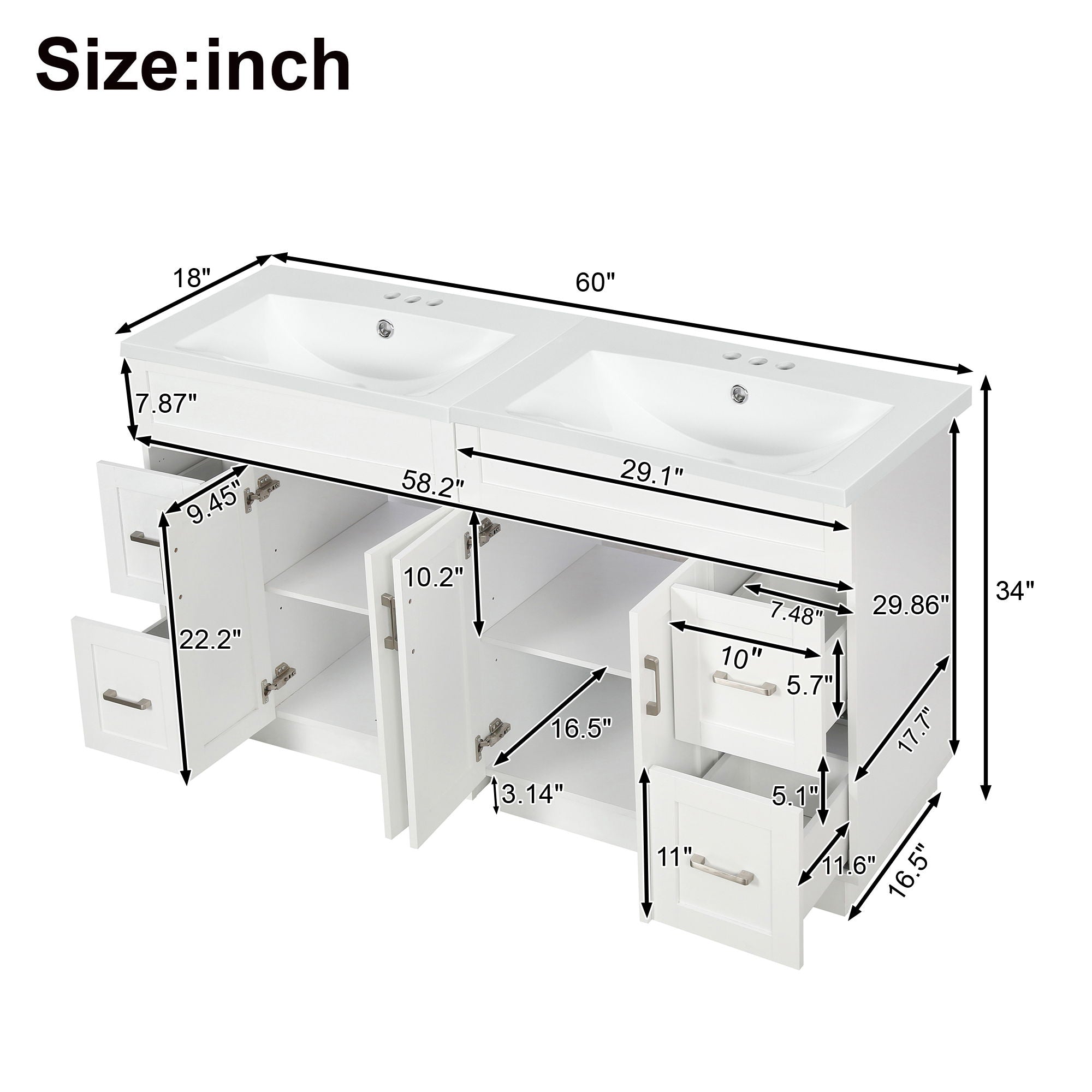 Bathroom Vanity With 2 Doors, 2 Drawers, Adjustable Shelf, Hidden Slides & Soft Close Hinges