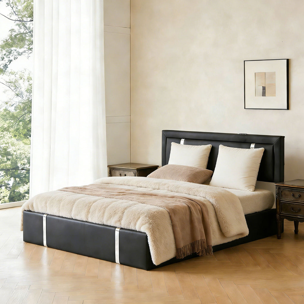 Upholstered Platform Bed Frame With Adjustable LED Headboard, USB C-Charging, Hydraulic Lift