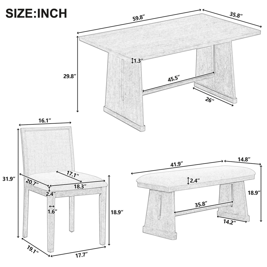 Dining Set With Rectangular Table, 4 Upholstered Chairs & 1 Padded Bench
