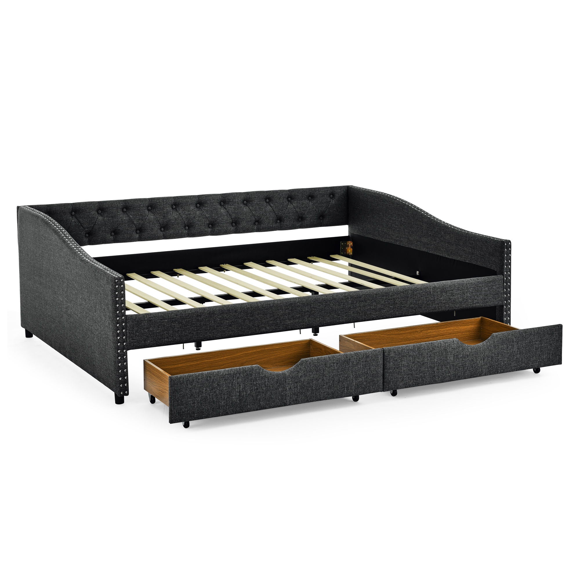Upholstered Tufted Daybed With 2 Drawers, Waved Arms
