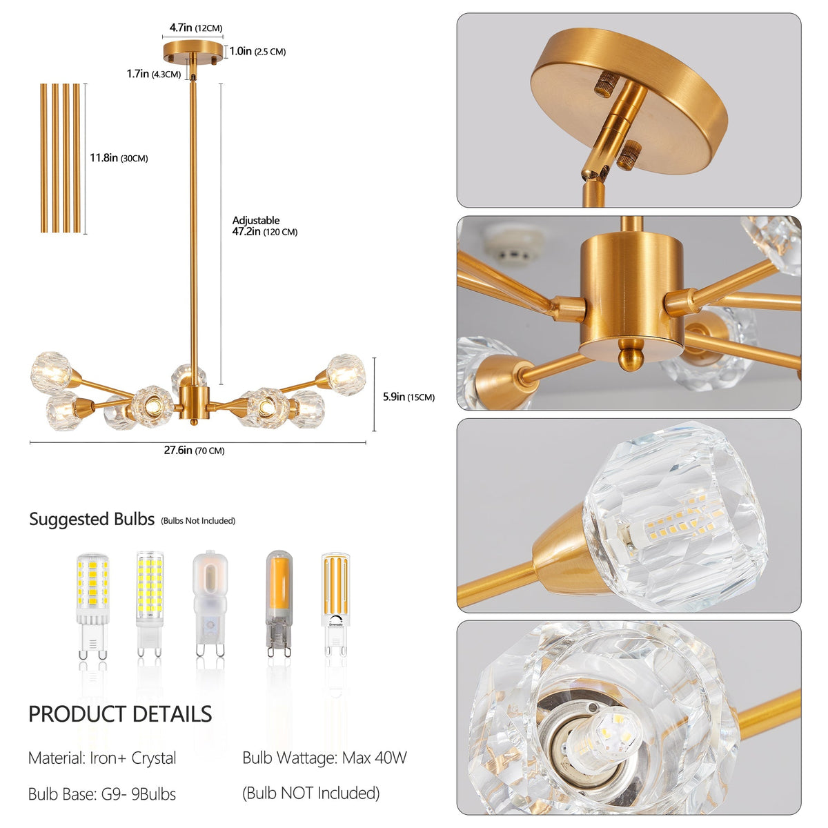 28" Modern Crystal Chandelier with 9 Lights in Golden Finish