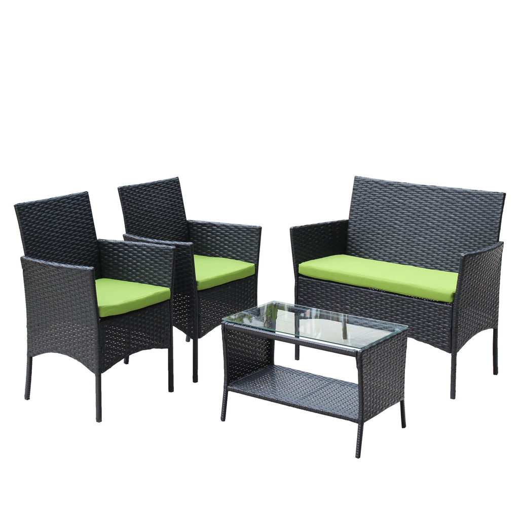 4 PC Rattan Patio Furniture Set Outdoor Cushioned Wicker Sofa Green Cushion