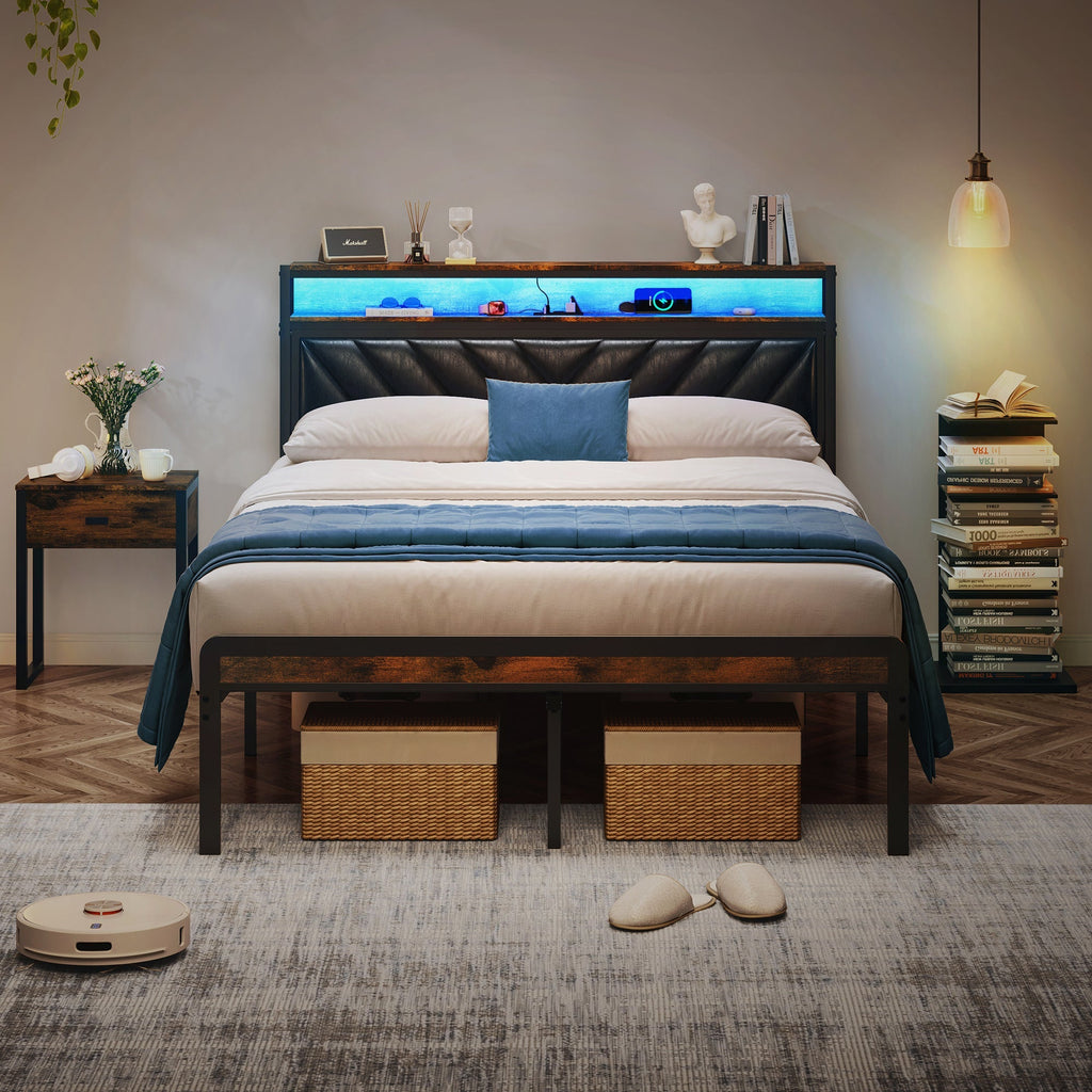 Full Size Metal Platform Bed Frame with Adjustable Upholstered Headboard