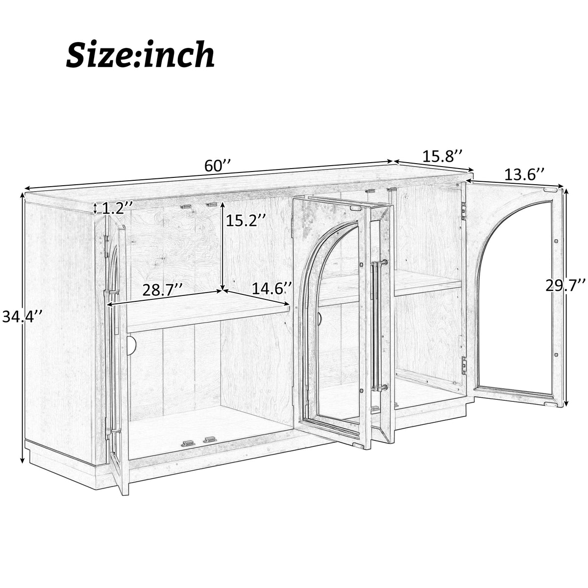 4-Door Large Storage Sideboard Buffet Cabinet with Glass Doors Arched Cabinet (Black)